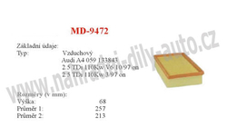 vzduchový filtr, MD-9472, VOLKSWAGEN PASSAT V (3B3/6)  11/00-08/05
