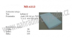 kabinový (pylový) filtr, MS-6113, AUDI A6 [4A,4B,C4,C5]06/94-04/04