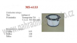 kabinový (pylový) filtr, MS-6133, VOLKSWAGEN TRANSPORTER IV 09/90-04/03